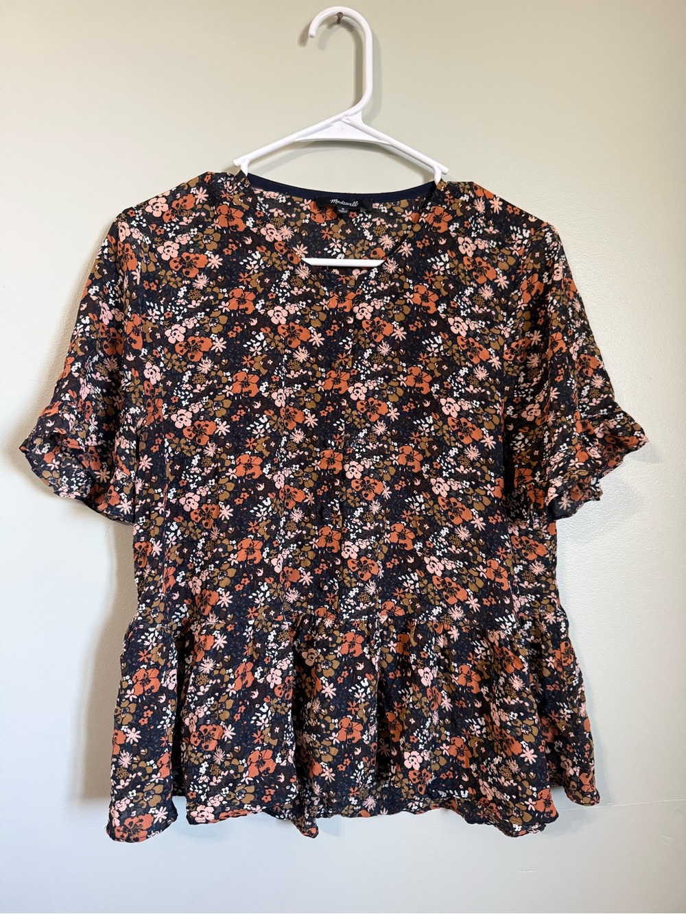 Madewell 100% Silk Studio Ruffle-Hem Peplum Top Prairie Blossoms Floral Size M